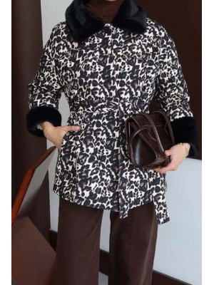 Leopar Desenli Kürk Detaylı Ceket Kahve