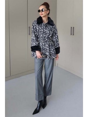 Leopar Desenli Kürk Detaylı Ceket Siyah