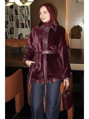 Deri Detaylı Kürk Ceket Bordo