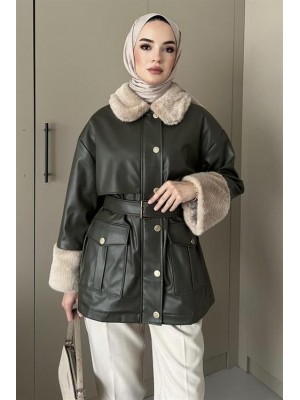 Mat Deri Kürk Detaylı Ceket Haki