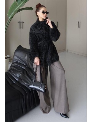 Fiyonklu Peluş Ceket Siyah