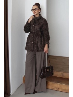 Fiyonklu Peluş Ceket Kahve