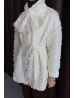 Fiyonklu Peluş Ceket Krem