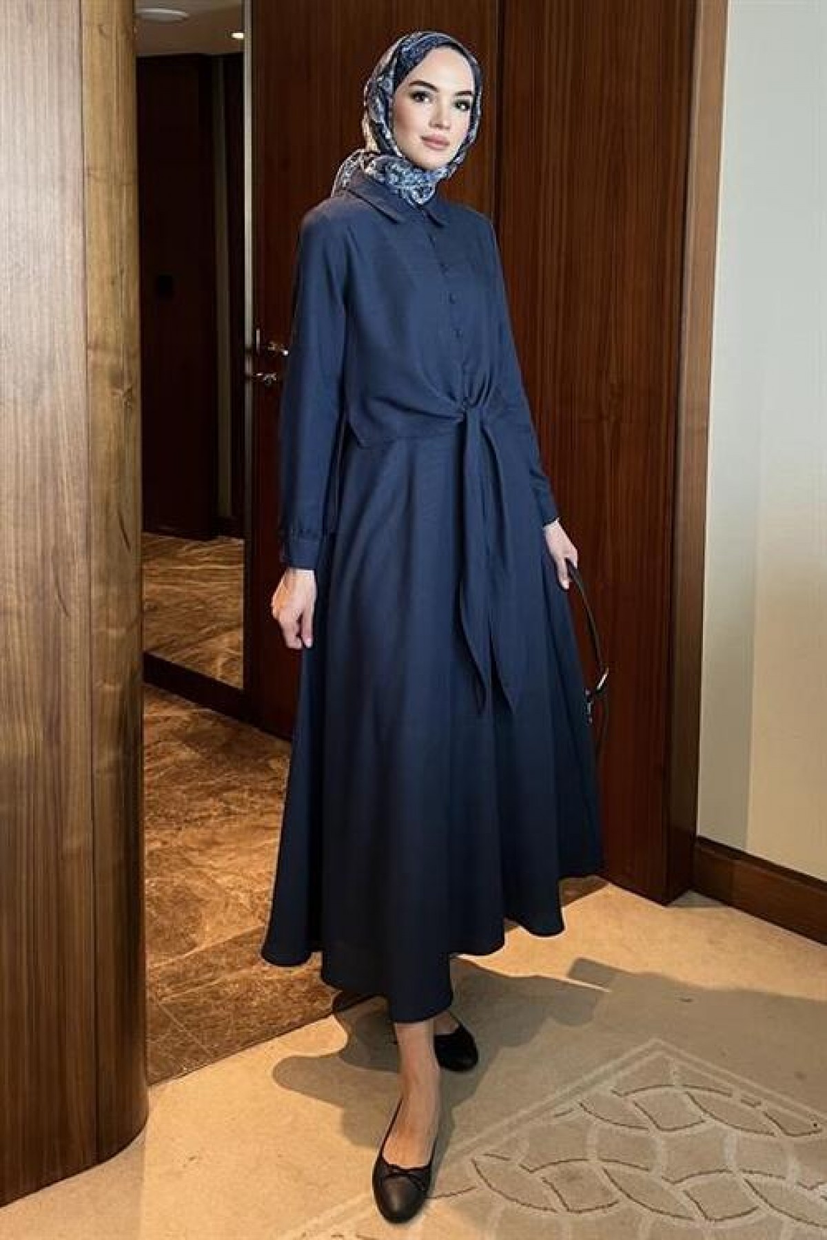 Tie-Front Skirted Suit Navy Blue