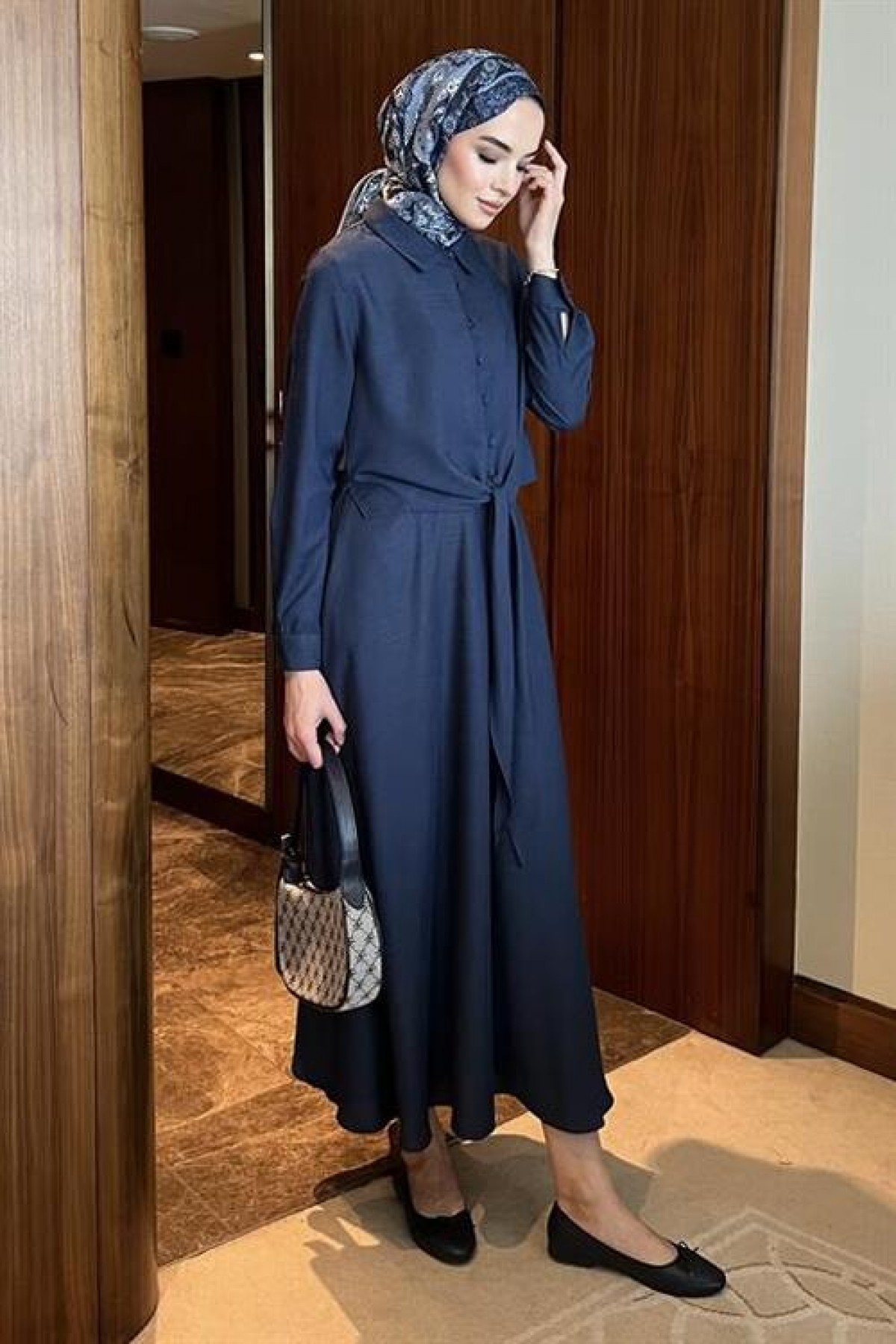 Tie-Front Skirted Suit Navy Blue