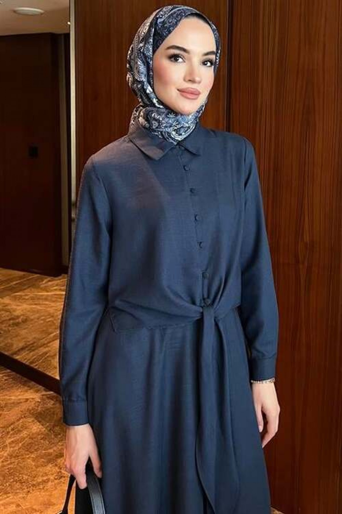Tie-Front Skirted Suit Navy Blue detay görseli