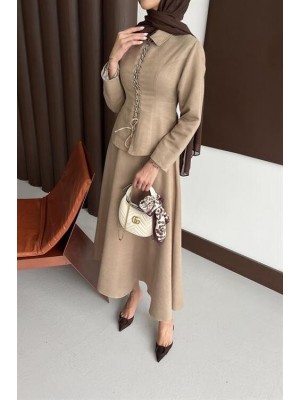 Bağcık Detaylı Etekli Takım Vizon