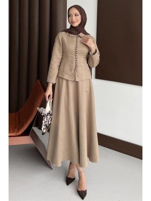 Bağcık Detaylı Etekli Takım Vizon