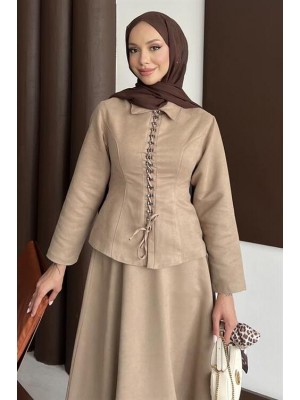 Bağcık Detaylı Etekli Takım Vizon