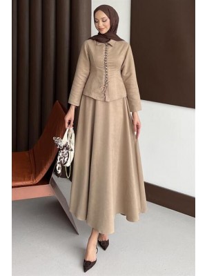 Bağcık Detaylı Etekli Takım Vizon