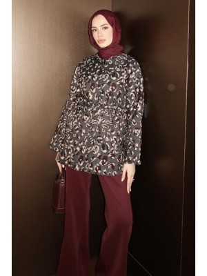 Leopar Desenli Çıtçıtlı Ceket Füme