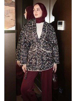 Leopar Desenli Bağlamalı Ceket Füme