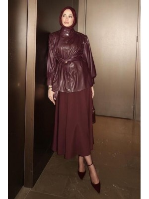 Kemerli Deri Ceket Bordo