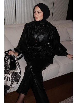 Kemerli Deri Ceket Siyah