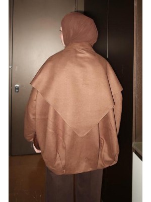 Pelerinli Nubuk Ceket Taba