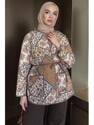 Kapitone Etnik Desenli Ceket Kahverengi