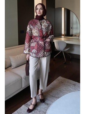 Kapitone Etnik Desenli Ceket Bordo