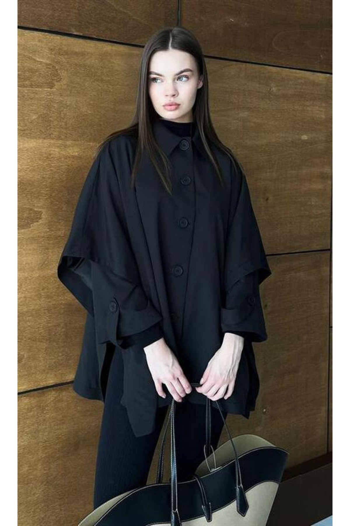 Trench Coat with Detachable Sleeves and Pockets, Black