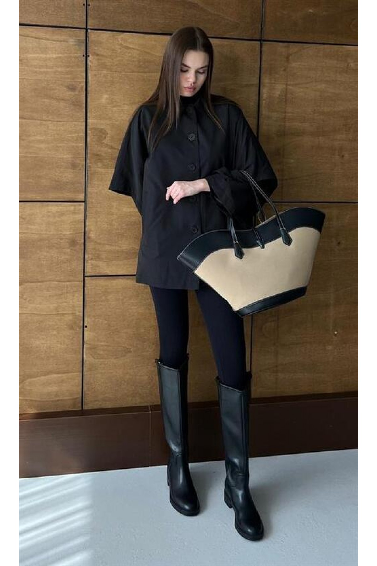 Trench Coat with Detachable Sleeves and Pockets, Black