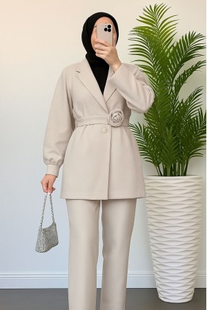 Double Breasted Jacket Trouser Set with Rose Belt Detail  - Beige