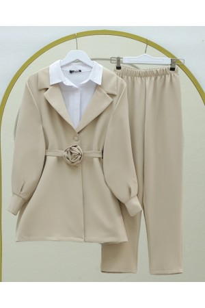 Double Breasted Jacket Trouser Set with Rose Belt Detail  - Beige