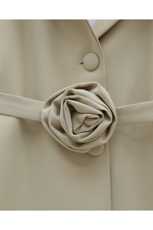 Double Breasted Jacket Trouser Set with Rose Belt Detail  - Beige