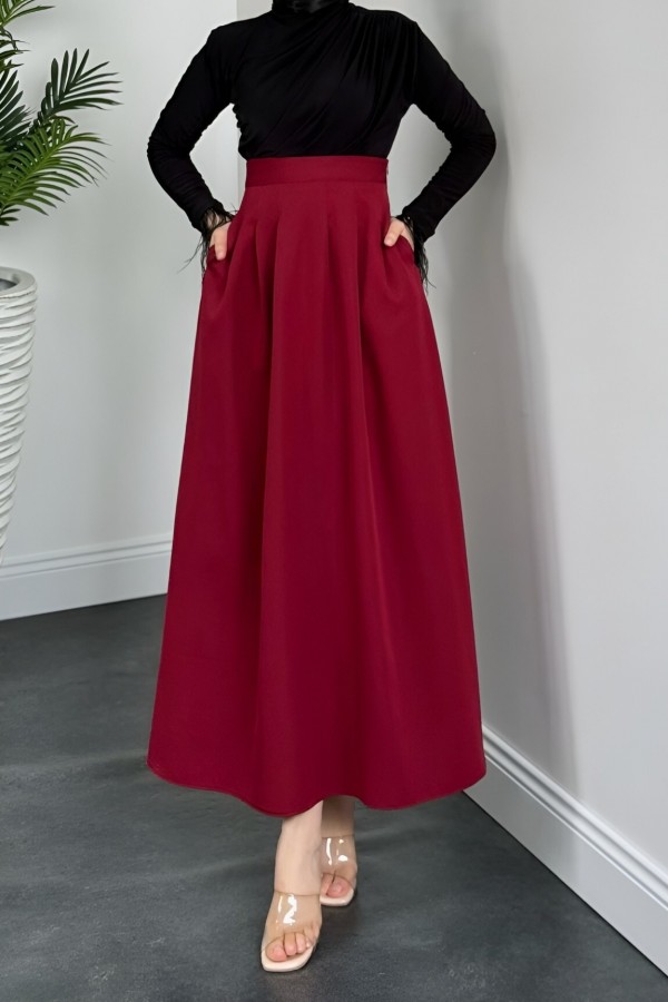 Pleated Pocketed Flared Skirt -Maroon