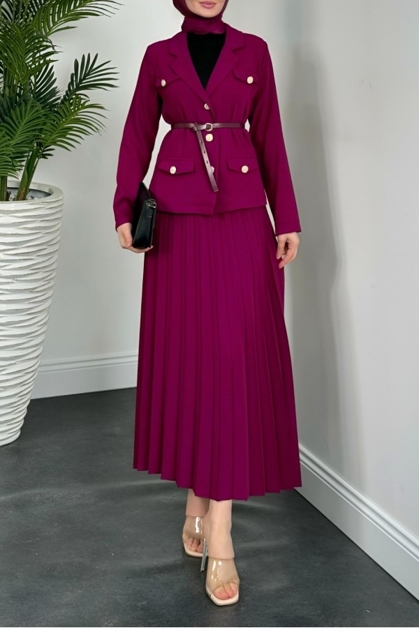 Pleated Skirt Belted Buttoned Jacket Suit - Purple
