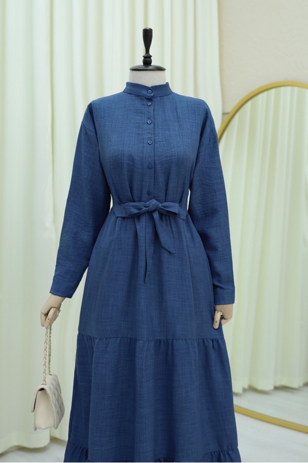 Half Buttoned Stand Collar Tied Waist Linen Dress -İndigo
