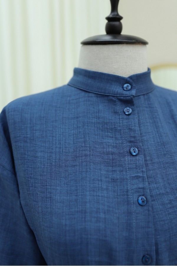 Half Buttoned Stand Collar Tied Waist Linen Dress -İndigo
