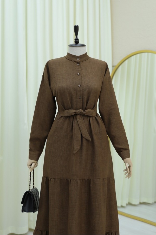 Half Buttoned Stand Collar Tied Waist Linen Dress -Brown