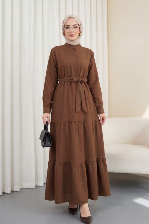 Yarım Düğmeli Dik Yaka Beli Bağlamalı Keten Elbise -Kahve