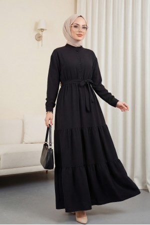 Yarım Düğmeli Dik Yaka Beli Bağlamalı Keten Elbise -Siyah