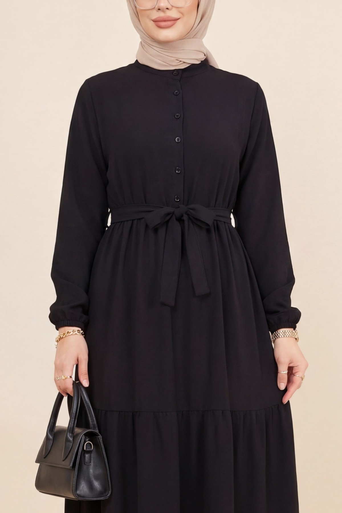 Half Buttoned Stand Collar Tied Waist Linen Dress -Black
