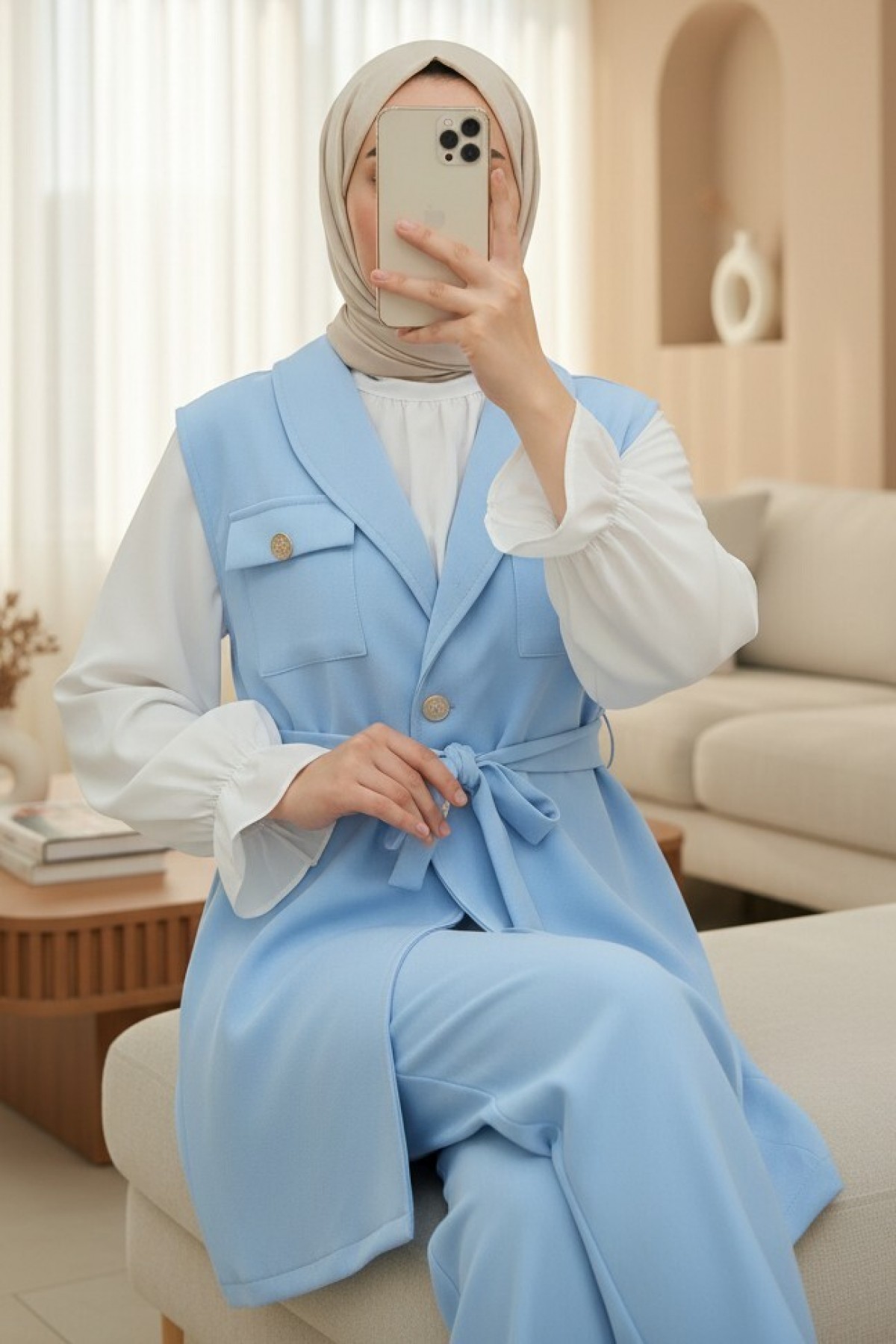 Zero Sleeve Button Front Waist Belted Three Piece Suit -Baby Blue