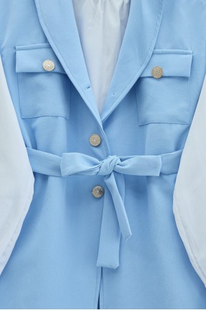 Sıfır Kol Önü Düğmeli Beli Kemerli Üçlü Takım  -Bebe Mavi