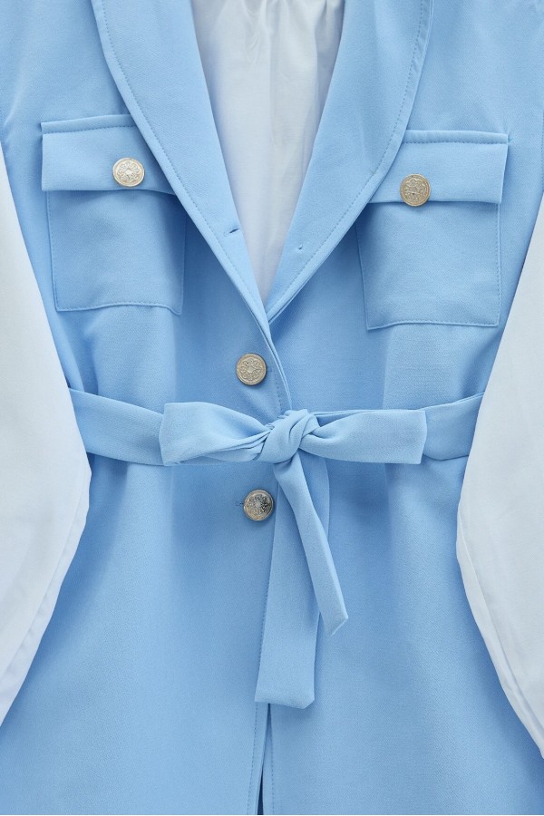 Zero Sleeve Button Front Waist Belted Three Piece Suit -Baby Blue
