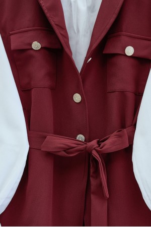 Sıfır Kol Önü Düğmeli Beli Kemerli Üçlü Takım  -Bordo