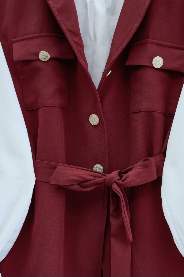 Zero Sleeve Button Front Waist Belted Three Piece Suit -Maroon