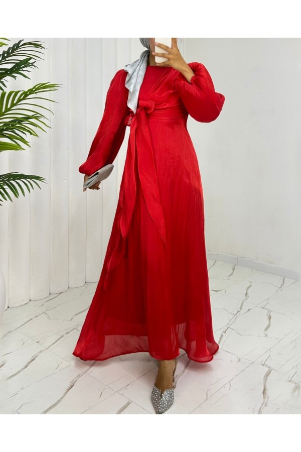 Janjan Fabric Dress with Cross Front Tie Detail -Red