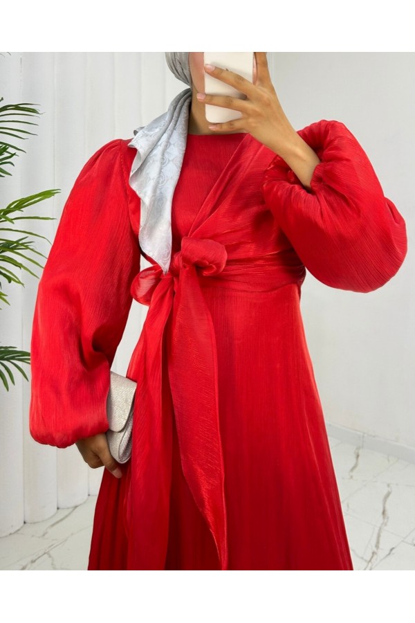 Janjan Fabric Dress with Cross Front Tie Detail -Red