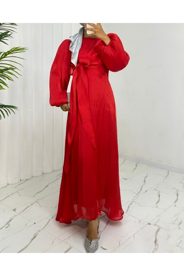 Janjan Fabric Dress with Cross Front Tie Detail -Red