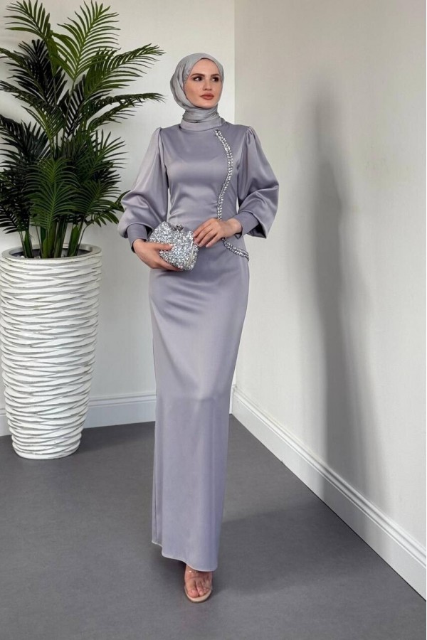 Satin Evening Dress with Zippered Cuff and Stone Detail -Grey