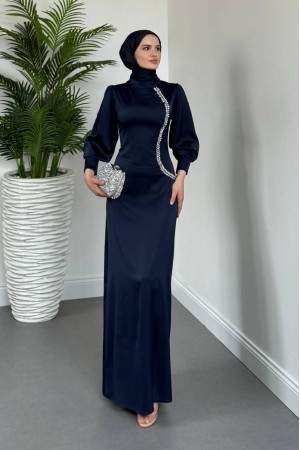 Satin Evening Dress with Zippered Cuff and Stone Detail -كحلي