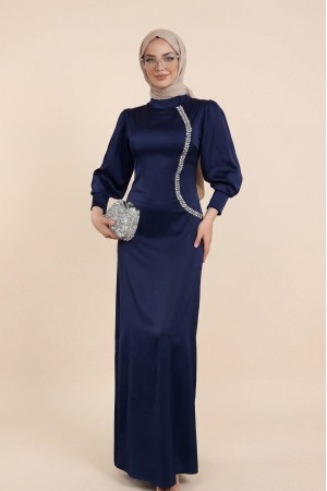 Satin Evening Dress with Zippered Cuff and Stone Detail -كحلي