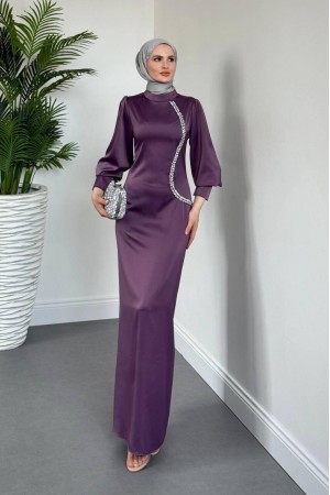 Satin Evening Dress with Zippered Cuff and Stone Detail -أرجواني