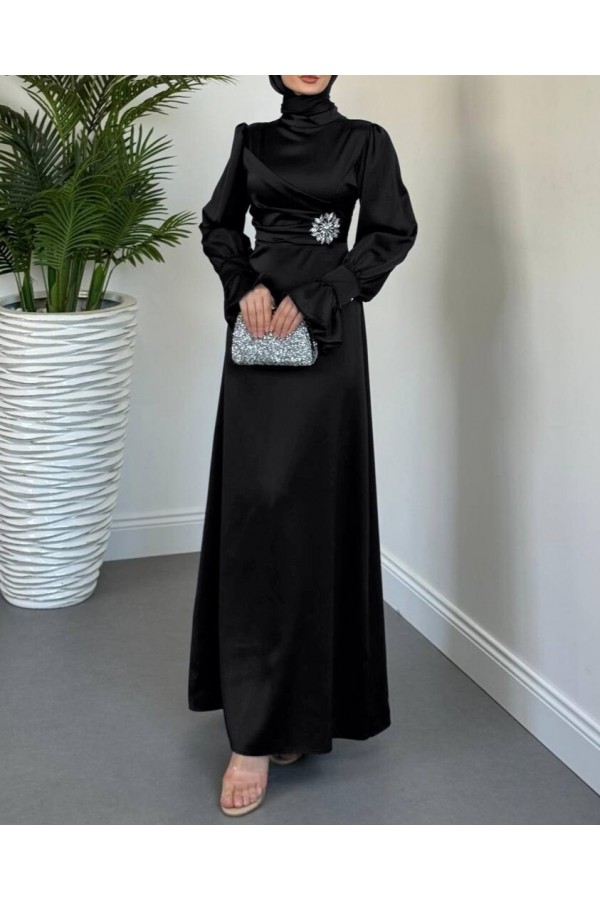 Satin Dress with Ruffled Cuffs and Stone Detail on the Front -Black