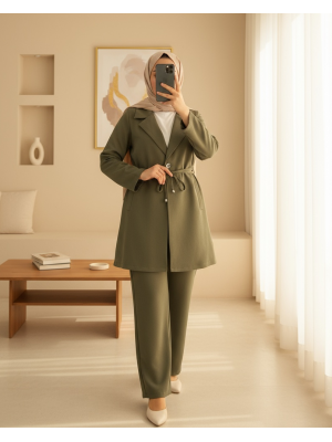 Kruvaze Yaka Çift Bağcıklı Ceket Pantolon Takım -Haki