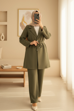 Kruvaze Yaka Çift Bağcıklı Ceket Pantolon Takım -Haki