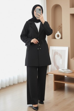 Kruvaze Yaka Çift Bağcıklı Ceket Pantolon Takım -Siyah